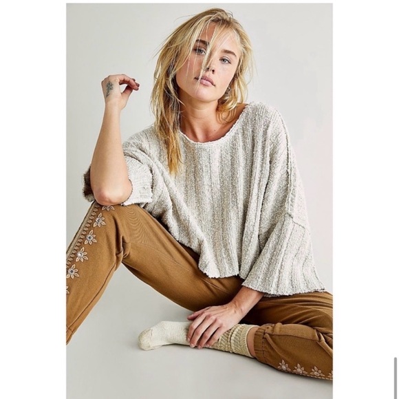 FREE PEOPLE Good Day Pullover Sweater Short Sleeve Beige XS - Picture 4 of 11